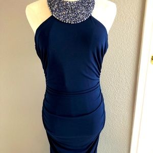 Blue dress with large sequined halter neck